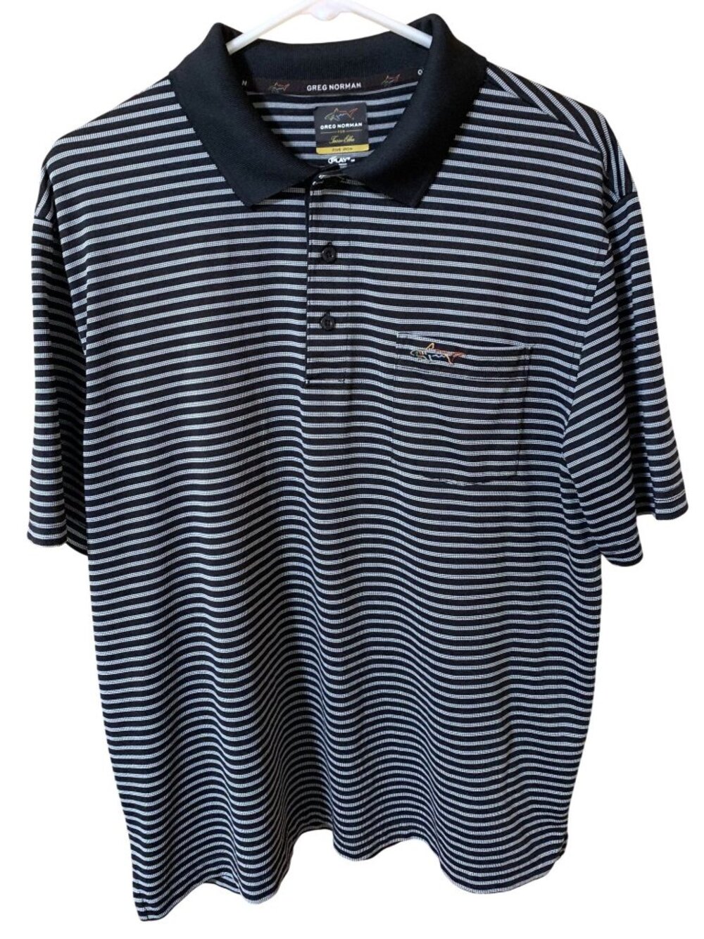 Greg Norman by Tasso Elba Men's L Golf Polo Shirt Black White Striped Shark Logo